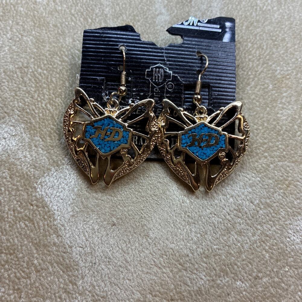Harley-Davidson Gold Tone Faux Turquoise Inlay Butterfly “HD” Dangle Earrings